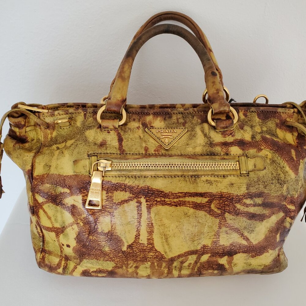 Prada tote top handle bag leather dyed camo brown black beige tan galleria lux - Picture 2 of 16